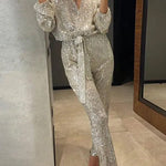 Margovil Wrap V Neck Tie Waist Sequin Jumpsuit
