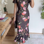 Crewneck Short Sleeves Floral Print Ruffle Hem Midi Dress