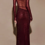 Margovil Off Shoulder Long Sleeves Mesh Splice Sequin Maxi Party Dress