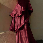 Margovil Spaghetti Strap Ruffle Layered Satin Maxi Dress