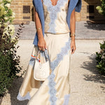 Margovil High Rise Color Block Lace Trim Satin Maxi Skirt
