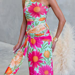One Shoulder Sleeveless Floral Print Draped Maxi Dress