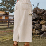 Nadorine Women's Casual High Waist Denim Midi Skirt Drawstring Adjustable Long Jeans Skirt with Pockets