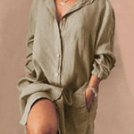Nadorine Women's Cotton and Linen Shirt Dress Casual Loose Pocket Midi Dresses