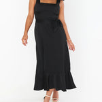 Tie-straps Ruffled Square Collar Sleeveless Slit Mid-length Dress
