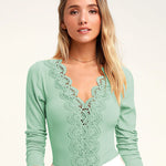 V-neck Lace Trim Long-sleeved Bodysuits
