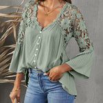 Nadorine Lace Boho Blouses Crochet Flowy Bell Sleeve Button Down Casual T Shirts