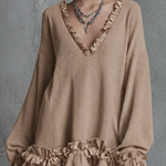 Women's Relaxed-fit Light Brown Cotton-blend V-neck Dress With Subtle Stripes