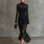 Elegant Party Black Stretch Lace Fishtail Maxi Dress