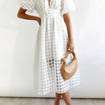 Remarkable Beauty Square Patterned Fabric Puff Sleeve Party Midi Dress