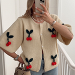 V-neck Cherry Embellished Cardigan Cropped Knitted Sweater
