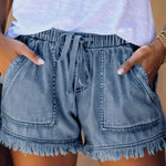 Nadorine Denim Shorts Casual Drawstring Elastic Waist Summer Frayed Tencel Short Jeans With Pockets
