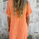 Bayside Bliss Linen Blend Short Sleeve Pleated Loose Midi Dress