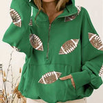 Rugby Sequined Hoodie Zipper Drawstring Long Sleeve Sweatshirt Top