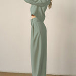 Lounge Set Casual Long Sleeve Crop Pullover Top High Waist Wide Leg Pants Two Pieces Suits