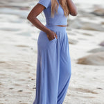 Two Piece Outfit Short Sleeve Crop Top and Wide Leg Pant Set