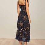 Vintage Floral Dress Frill Neck Sleeveless Strap Tie Ruffle Hem Beach Dress