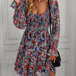 Ribbed Long Sleeve Chiffon Dress Crewneck Elegant Batwing Bohemian Floral Printed Dress