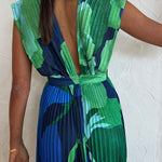 Loose Sleeveless Pleated Printed Split-Joint Deep V-Neck Maxi Dresses