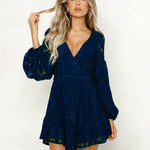 Lace Dress Deep V Floral Long Sleeve Cocktail Swing Dress