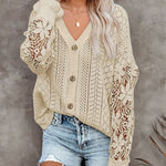 Nadorine Long Sleeve Lace Cable Knit Sweater Open Front Cardigan Button Loose Shirts