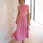 Stand Collar Solid Color Hollow Waist Long Dress