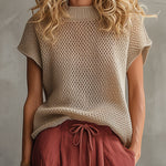 Retro Short-sleeved Knit Top And Brick Red Cotton Linen Wide-leg Pants Set