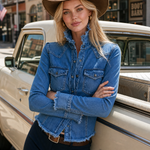 Blue Denim Jacket Frayed Stand Collar Button Pocket Slim Coat