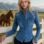Blue Denim Jacket Frayed Stand Collar Button Pocket Slim Coat