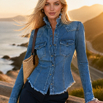 Blue Denim Jacket Frayed Stand Collar Button Pocket Slim Coat
