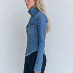 Blue Denim Jacket Frayed Stand Collar Button Pocket Slim Coat