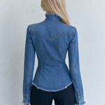 Blue Denim Jacket Frayed Stand Collar Button Pocket Slim Coat