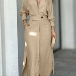 Long Sleeves Loose Split-Joint Split-Side V-Neck Maxi Dresses Shirt Dress