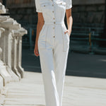 Tailored Button-Front Short Sleeve Denim Jumpsuit