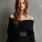 Women's Elegant Black Knitted V-neck Off-the-shoulder Long And Short Dress