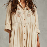 Embroidered Cotton-Linen Button Midi Dress