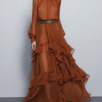 Women's Elegant Orange Chiffon Round-neck Long-sleeved Maxi Dress