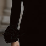 Elegant Velvet Mini Dress With Embellished Neckline And Floral Cuff Detail