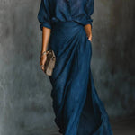 Elegant Dark Blue Cotton And Linen Blend Shirt Long Skirt Set