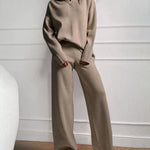 Nadorine Casual Two-Pieces Outfits Lapel V Neck Sweater and Trousers Sets