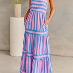 Margovil Spaghetti Strap Ruffle Tiered Color Block Striped Maxi Dress