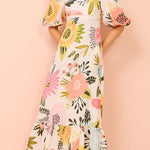 Margovil Square Collar Puff Sleeves Floral Print Cotton Linen Ruffle Maxi Dress