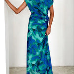 Off Shoulder Ruched Lagoon Print Maxi Dress