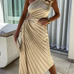 Margovil 3D Rose One Shoulder Cut Out Waist Asymmetric Hem Pleated Maxi Dress