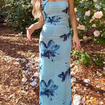 Margovil Strapless Floral Print Mesh Bodycon Maxi Dress