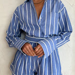 Margovil Striped Long Sleeves Curve Hem Shirt and High Rise Shorts Set