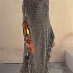 Cowl Neck Irregular Tassel Poncho Pullover Sweater