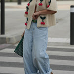 Margovil Short Sleeves Button Up Cherry Decorative Knit Sweater