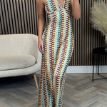 Margovil Halter V Neck Backless Color Block Crochet Maxi Dress