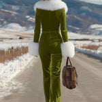 Fashion Retro Rose Red Velvet Faux Fur Collar Long Sleeve Flared Jumpsuit